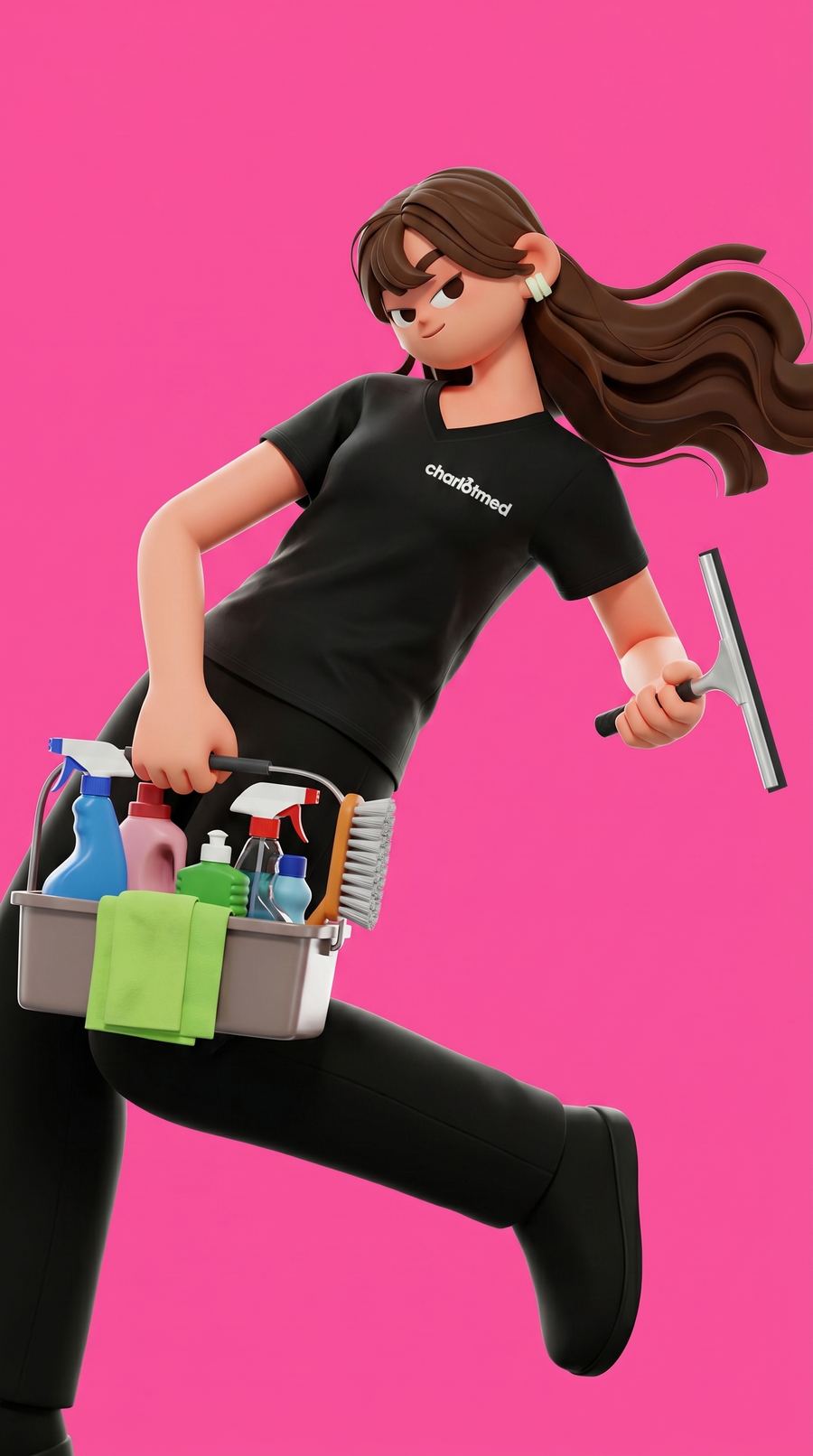 Personaje de CharlotMed con equipo de limpieza